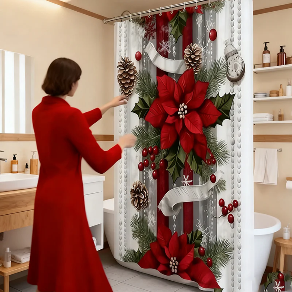 FestiveHome™ Weihnachtsroter Duschvorhang mit Feiertagsmotiv