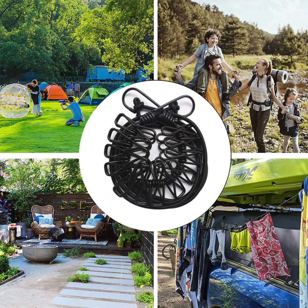FlexLine™ – Dehnbare Outdoor Wäscheleine mit Haken & Clips