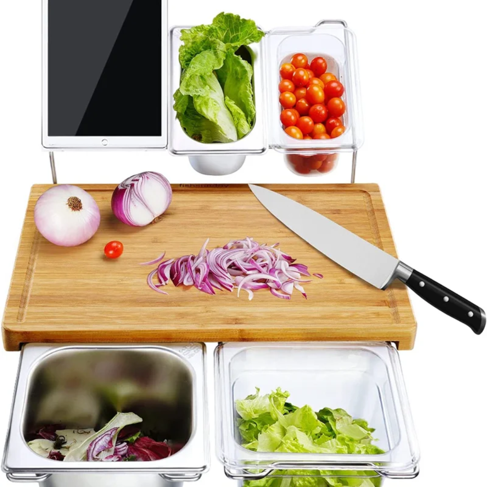 Prepmate™ – Bambus Schneidebrett mit Edelstahl-Schalen