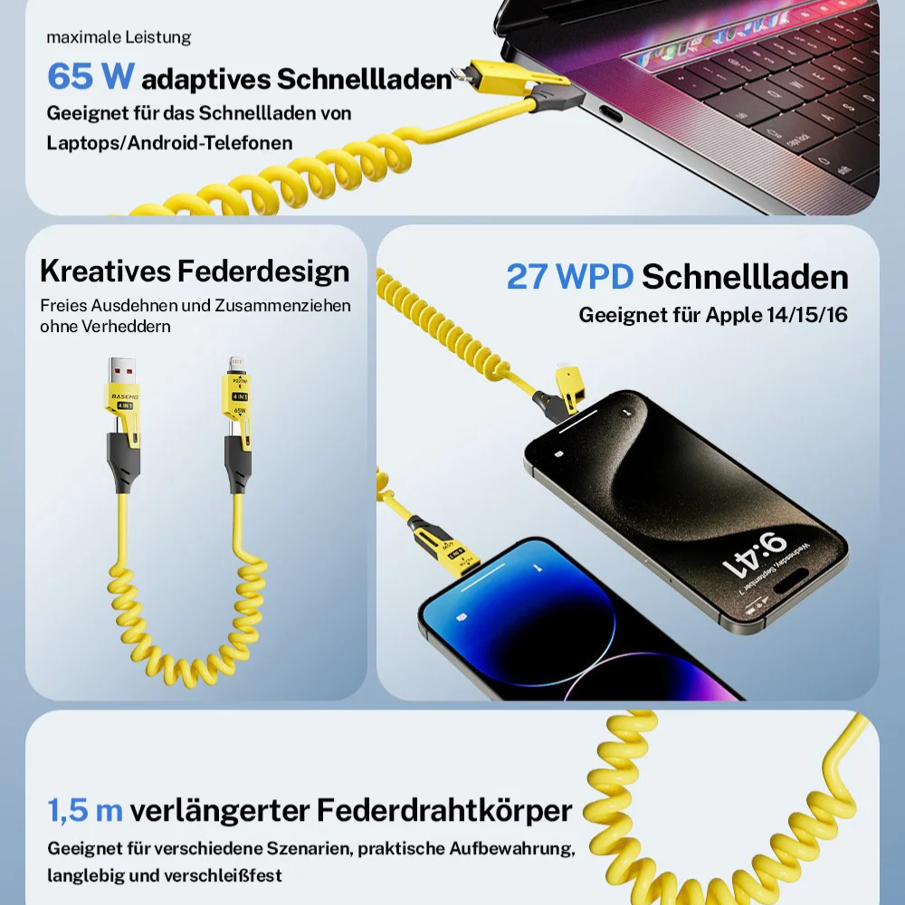 SpeedCoil65™ – 4-in-1 USB-Schnellladekabel, federnd & ausziehbar