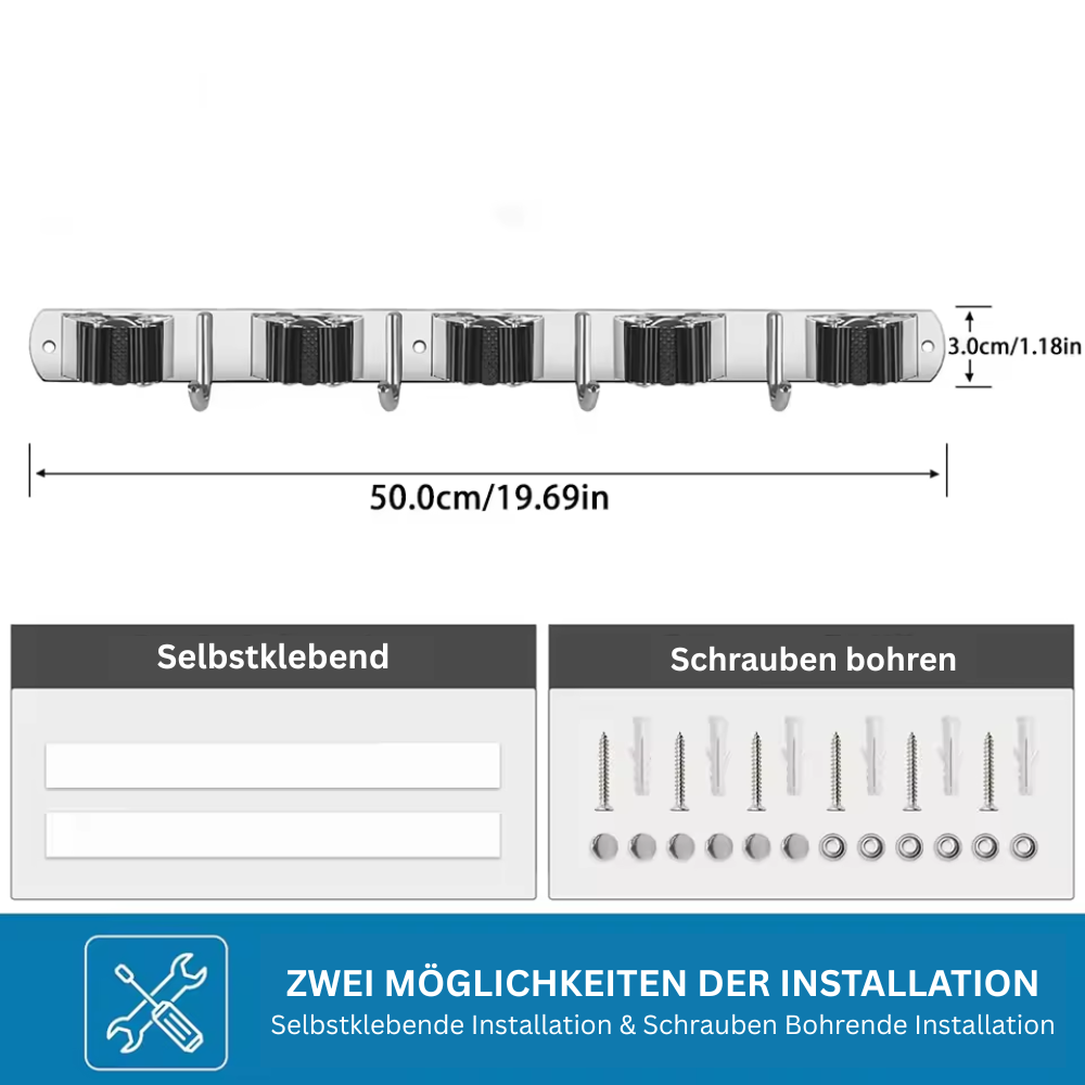 GripFix™ Wall – Edelstahl Wandhalterung für Besen, Mopp & Reinigungsgeräte