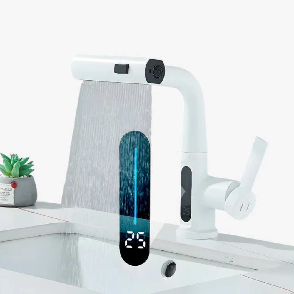 AquaLuxe™ Digital Waschtischarmatur – LED Wassertemperaturanzeige, Wasserfall Design, Warm & Kalt, Modernes Badezimmer