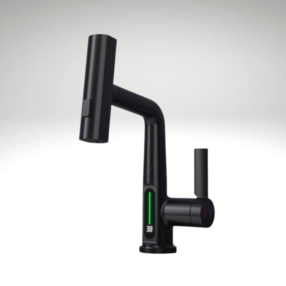 AquaLuxe™ Digital Waschtischarmatur – LED Wassertemperaturanzeige, Wasserfall Design, Warm & Kalt, Modernes Badezimmer