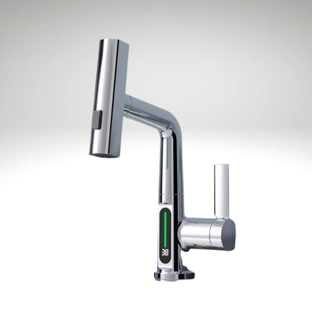 AquaLuxe™ Digital Waschtischarmatur – LED Wassertemperaturanzeige, Wasserfall Design, Warm & Kalt, Modernes Badezimmer