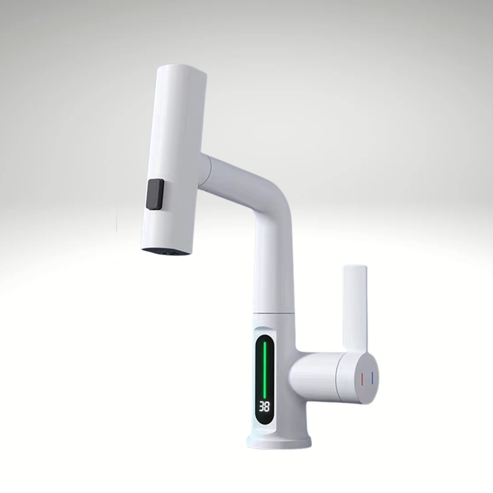 AquaLuxe™ Digital Waschtischarmatur – LED Wassertemperaturanzeige, Wasserfall Design, Warm & Kalt, Modernes Badezimmer