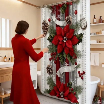 FestiveHome™ Weihnachtsroter Duschvorhang mit Feiertagsmotiv