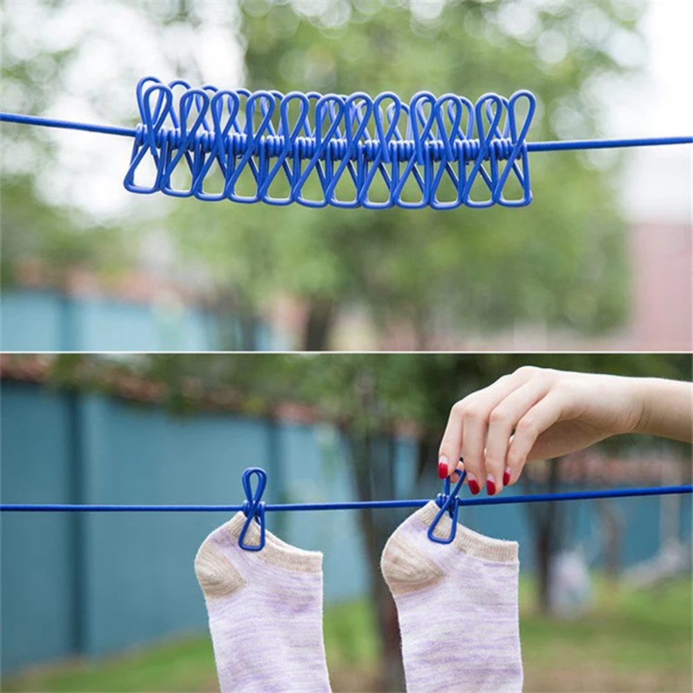 FlexLine™ – Dehnbare Outdoor Wäscheleine mit Haken & Clips