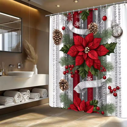 FestiveHome™ Weihnachtsroter Duschvorhang mit Feiertagsmotiv